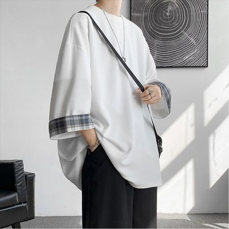 Men's Summer Plaid Patchwork Three-Quarter Sleeve T-Shirt